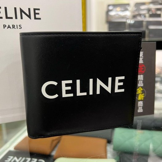東區正精品㊣CELINE 10C873DME 全新黑色全皮白字LOGO 卡片零錢袋對開短夾RZ4351-1
