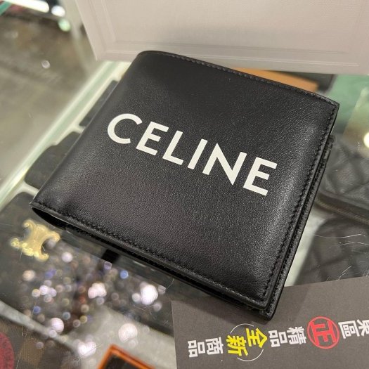 東區正精品㊣CELINE 10C873DME 全新黑色全皮白字LOGO 卡片零錢袋對開短夾RZ4351-7