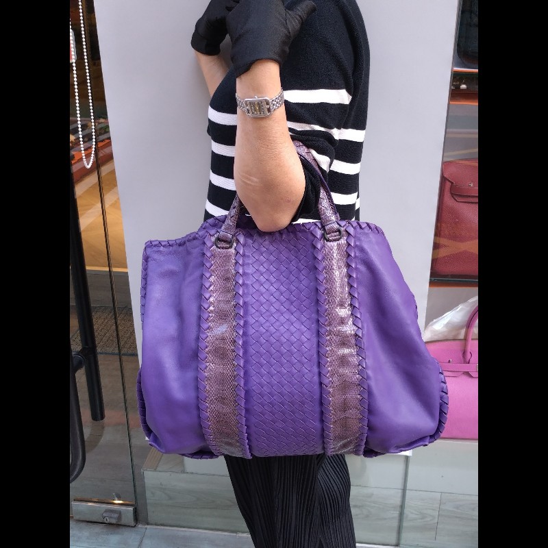 BV 紫皮局部編織拼蛇皮大托特包-2