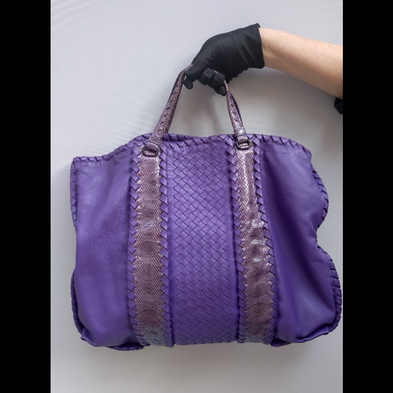 BV 紫皮局部編織拼蛇皮大托特包-3