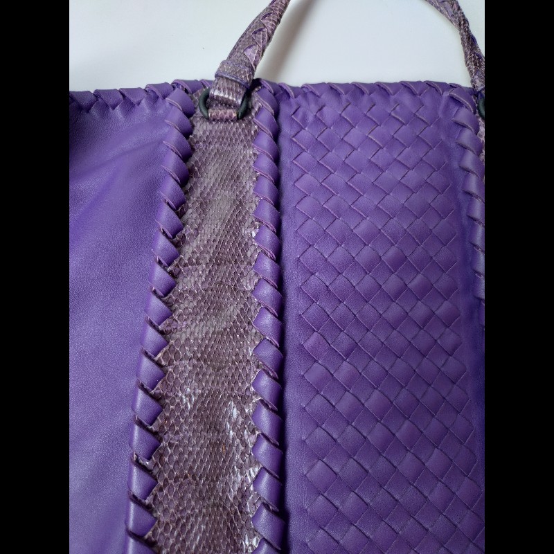 BV 紫皮局部編織拼蛇皮大托特包-8