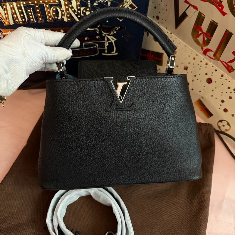 近新品 路易威登/Louis Vuitton 黑銀牛皮CAPUCINES BB 手提包-5