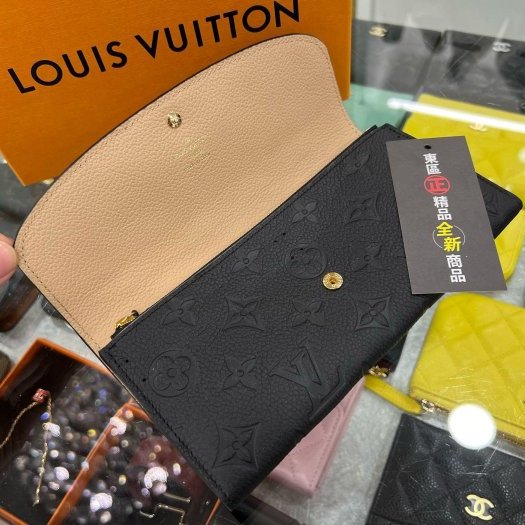 東區正精品㊣LV M62369 EMILIE 全新黑色全皮壓紋字紋拉鍊金釦子微笑零錢袋皮夾長夾 RZ5734-2