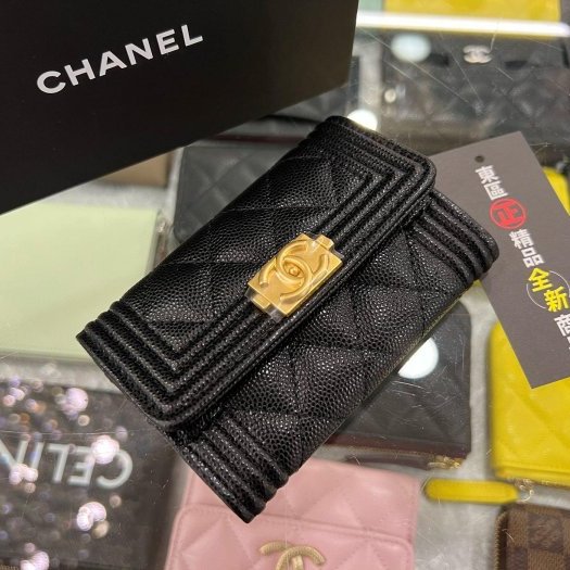 東區正精品㊣CHANEL BOY A80603 全新香奈兒黑色荔枝皮牛皮金釦釦子卡片夾零錢包 RZ4646-3