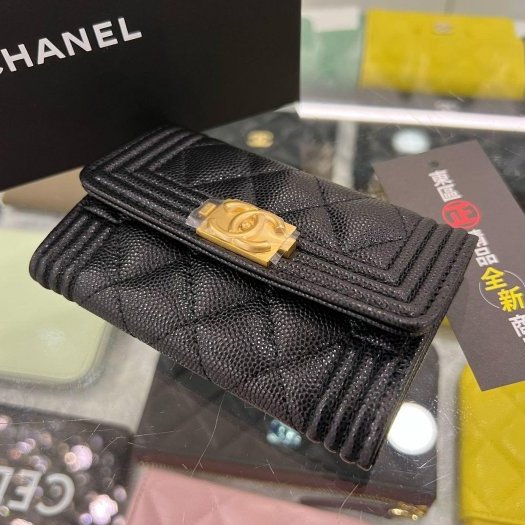 東區正精品㊣CHANEL BOY A80603 全新香奈兒黑色荔枝皮牛皮金釦釦子卡片夾零錢包 RZ4646-4