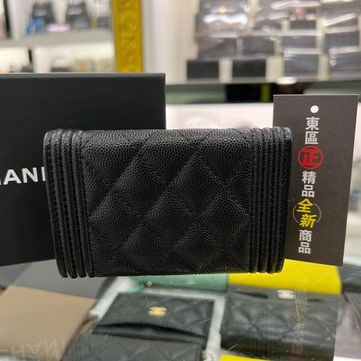 東區正精品㊣CHANEL BOY A80603 全新香奈兒黑色荔枝皮牛皮金釦釦子卡片夾零錢包 RZ4646-5