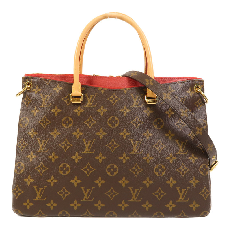 LOUIS VUITTON Monogram Pallas金扣手挽肩背兩用袋棕色/紅色-0