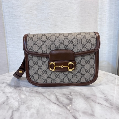 Gucci Pvc 咖牛皮金釦1955馬銜下蓋肩斜背包