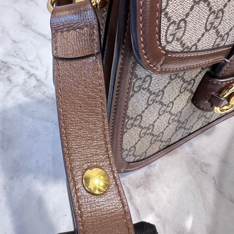 Gucci Pvc 咖牛皮金釦1955馬銜下蓋肩斜背包-16