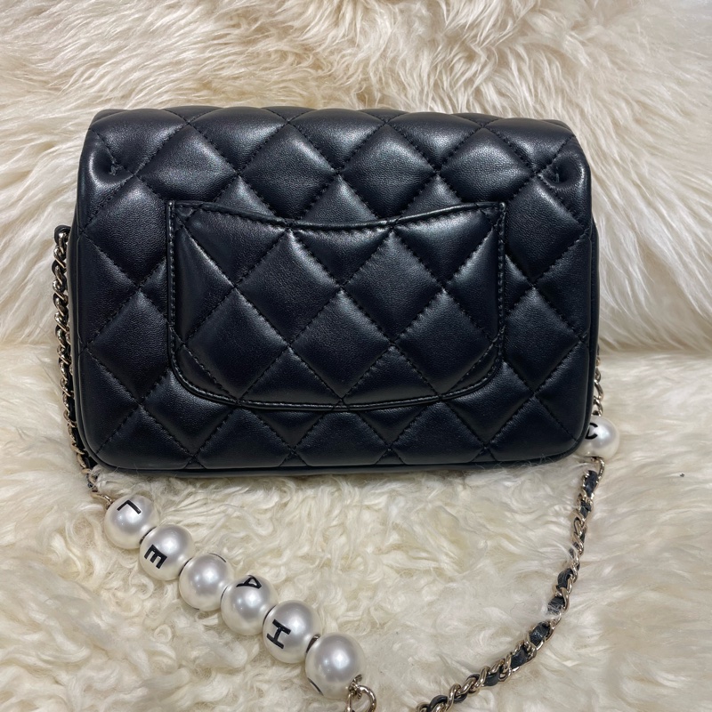 Chanel 20cm 黑色羊皮Flap Bag 珠鏈帶-1