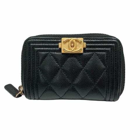 CHANEL 香奈兒 BOY CHANEL 拉鍊 零錢包 卡包 荔枝皮 魚子醬 黑色 金釦