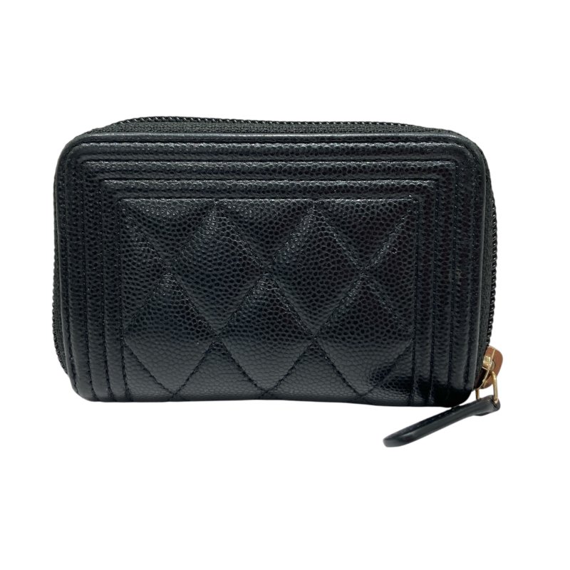 CHANEL 香奈兒 BOY CHANEL 拉鍊 零錢包 卡包 荔枝皮 魚子醬 黑色 金釦-1