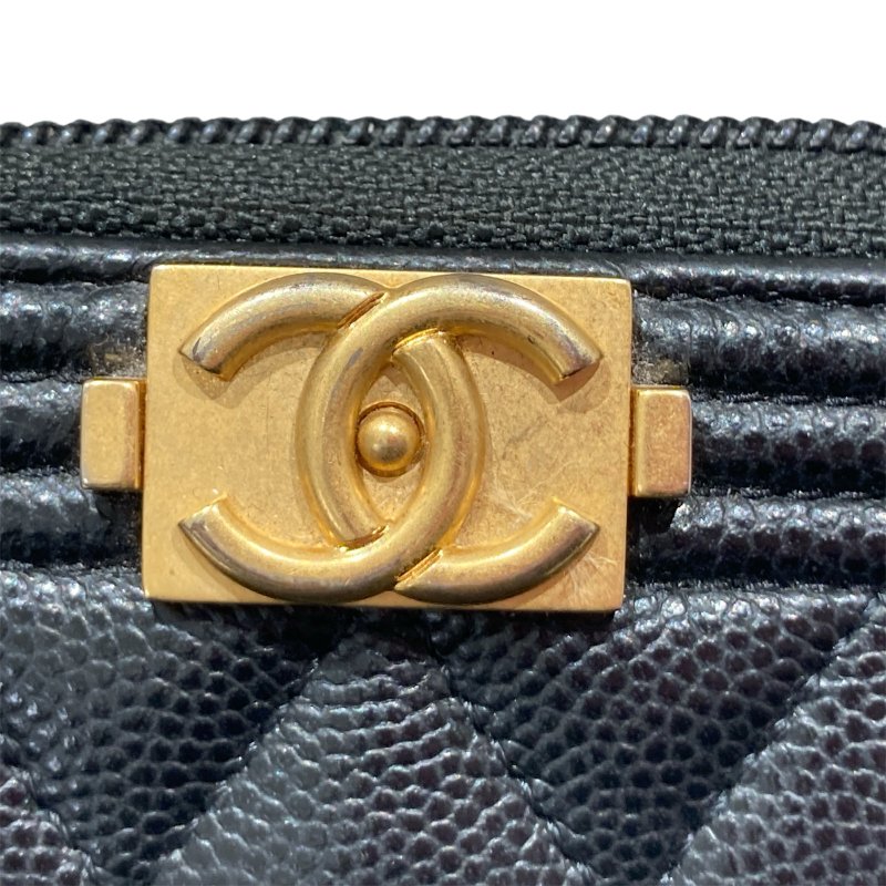 CHANEL 香奈兒 BOY CHANEL 拉鍊 零錢包 卡包 荔枝皮 魚子醬 黑色 金釦-15