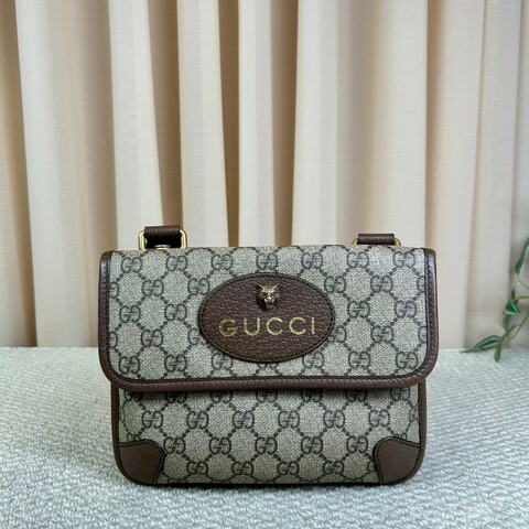 Gucci古馳雙面虎頭包 經典老花配棕色皮革滾邊 男女通用可斜挎單肩胸包腰包 多種背法 時尚又百搭