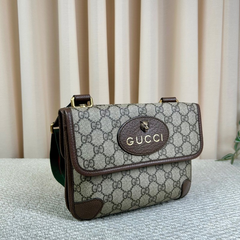 Gucci古馳雙面虎頭包 經典老花配棕色皮革滾邊 男女通用可斜挎單肩胸包腰包 多種背法 時尚又百搭-1