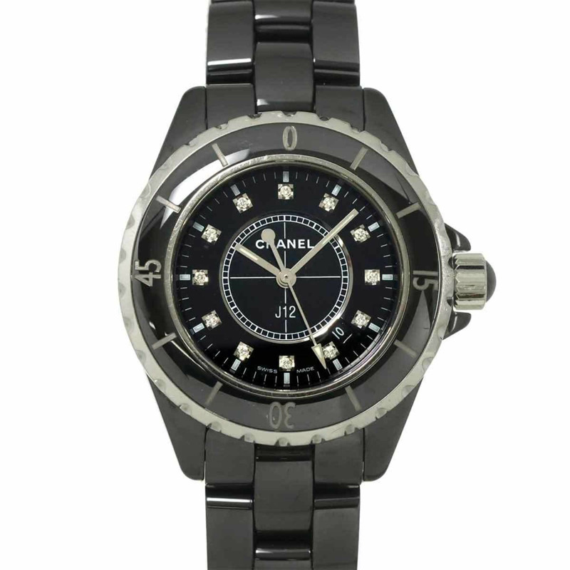 香奈兒 J12 33毫米 H1625 女士腕錶，鑲嵌12顆鑽石，日期顯示，黑色陶瓷石英機芯-0