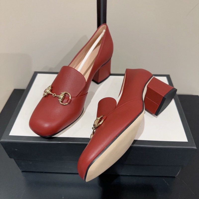 閒置新，未使用 Gucci 古馳 經典馬銜扣高跟鞋 方跟鞋 跟高5cm 舒適度高 意大利產 女款 37碼磚紅色-2
