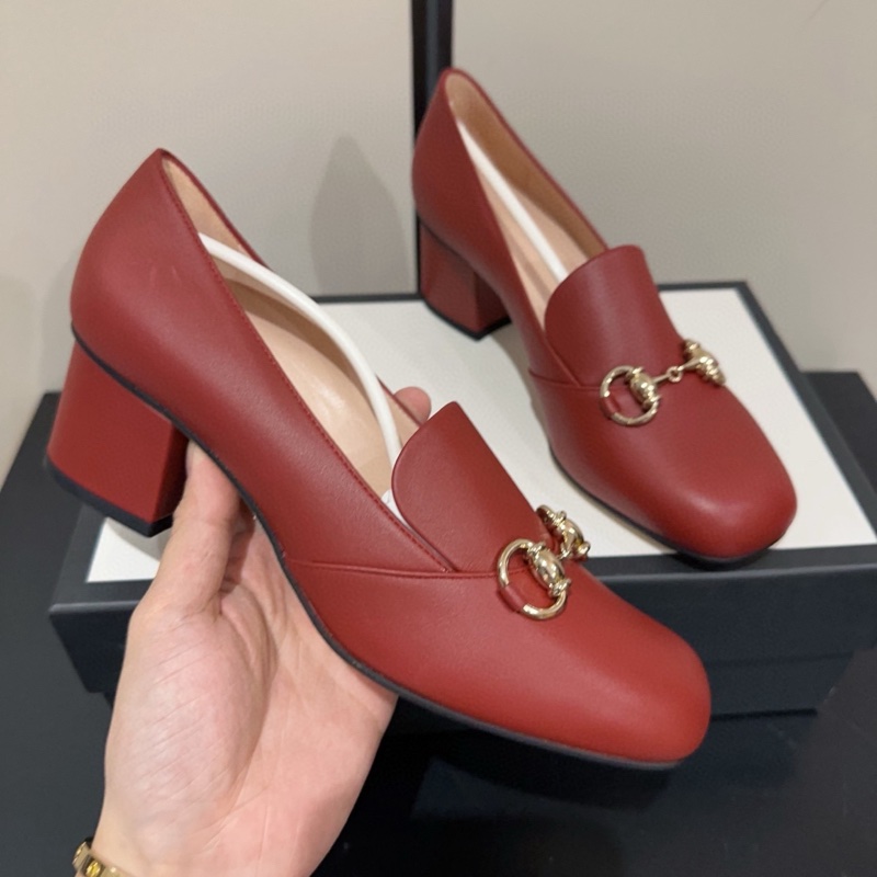 閒置新，未使用 Gucci 古馳 經典馬銜扣高跟鞋 方跟鞋 跟高5cm 舒適度高 意大利產 女款 37碼磚紅色-3