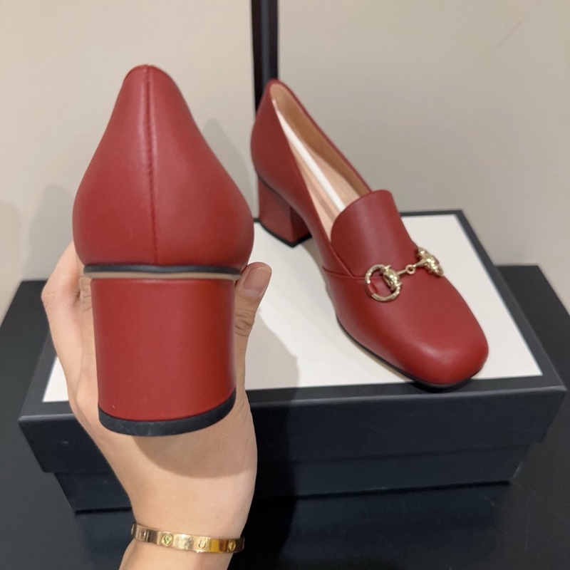 閒置新，未使用 Gucci 古馳 經典馬銜扣高跟鞋 方跟鞋 跟高5cm 舒適度高 意大利產 女款 37碼磚紅色-4