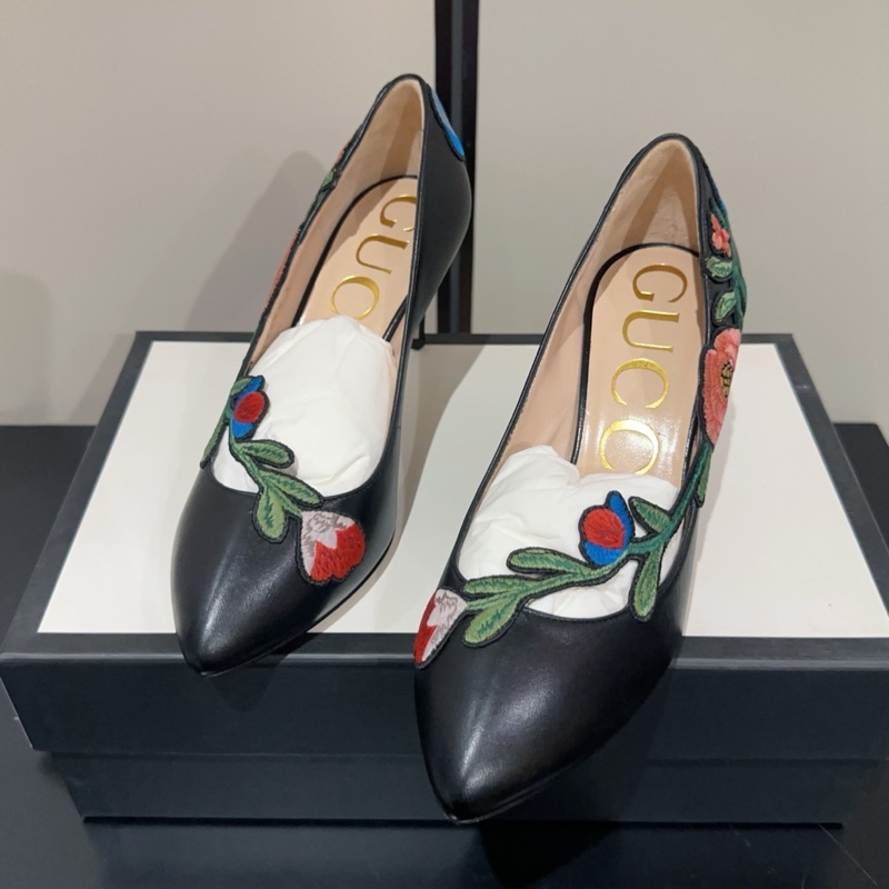 閒置新，未使用Gucci 古馳 經典重工花卉刺繡高跟鞋 尖頭鞋 跟高7cm 百搭又好看 意大利產37.5碼 女款 黑色-0
