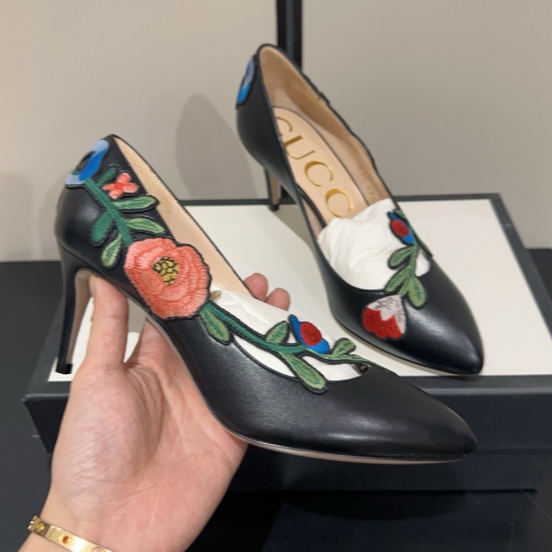 閒置新，未使用Gucci 古馳 經典重工花卉刺繡高跟鞋 尖頭鞋 跟高7cm 百搭又好看 意大利產37.5碼 女款 黑色-3