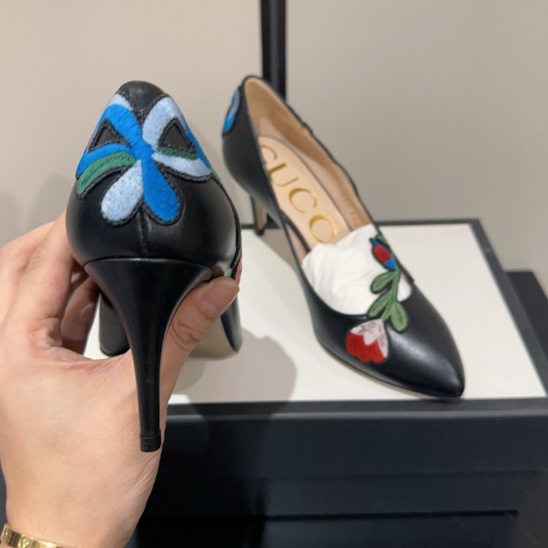閒置新，未使用Gucci 古馳 經典重工花卉刺繡高跟鞋 尖頭鞋 跟高7cm 百搭又好看 意大利產37.5碼 女款 黑色-4