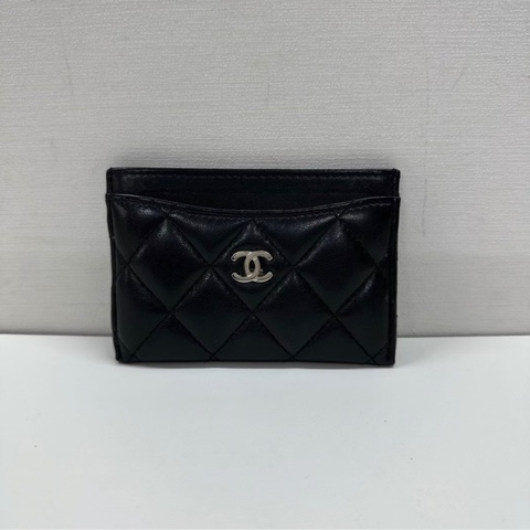 Chanel 黑銀羊皮卡包零錢包
