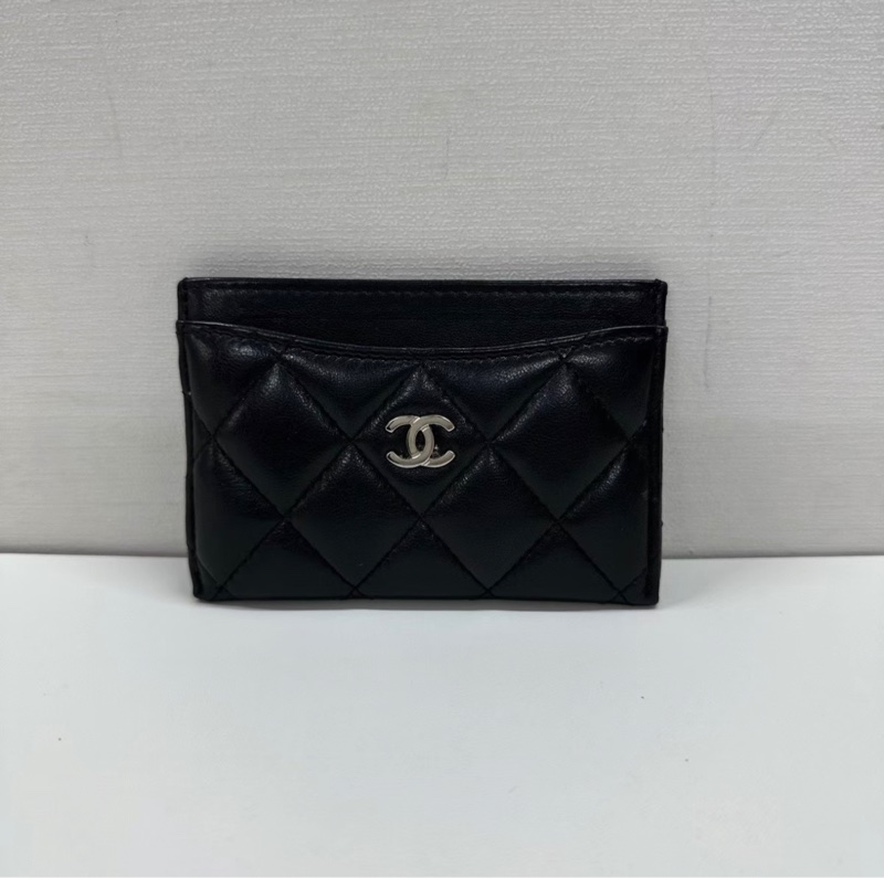 Chanel 黑銀羊皮卡包零錢包-0