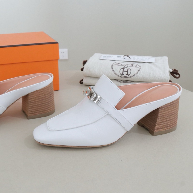 99新，愛馬仕 Blossom 包頭粗跟女士拖鞋，36.5碼，跟高6.5cm，僅試穿-4