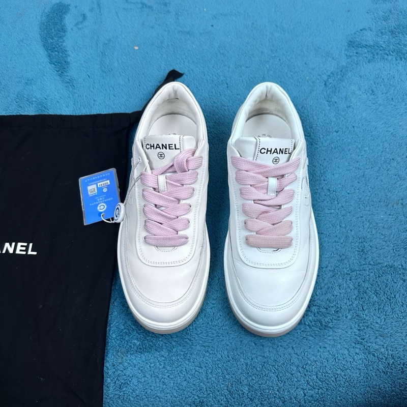 Chanel 香奈兒大徽標系帶低幫板鞋 白粉 38碼-0