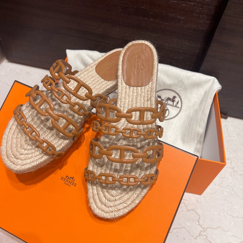 Hermes愛馬仕豬鼻草編拖 棕色38-0