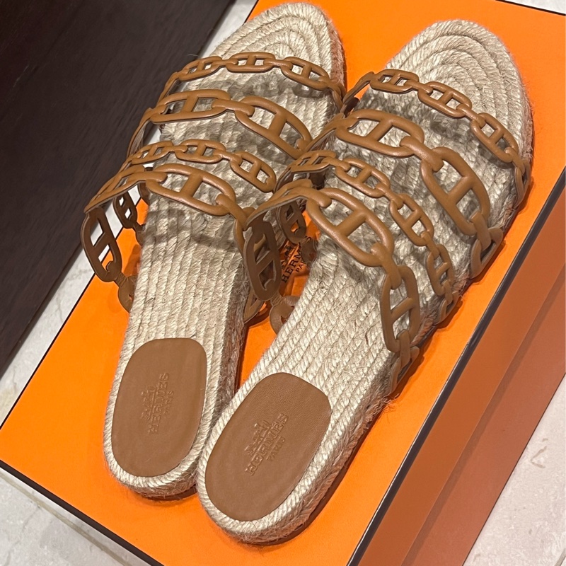 Hermes愛馬仕豬鼻草編拖 棕色38-1