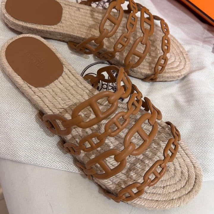 Hermes愛馬仕豬鼻草編拖 棕色38-6