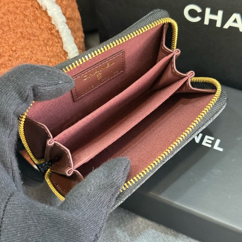 （膠膜未撕）全新Chanel黑金荔枝拉鍊零錢包✨最新晶片款-4