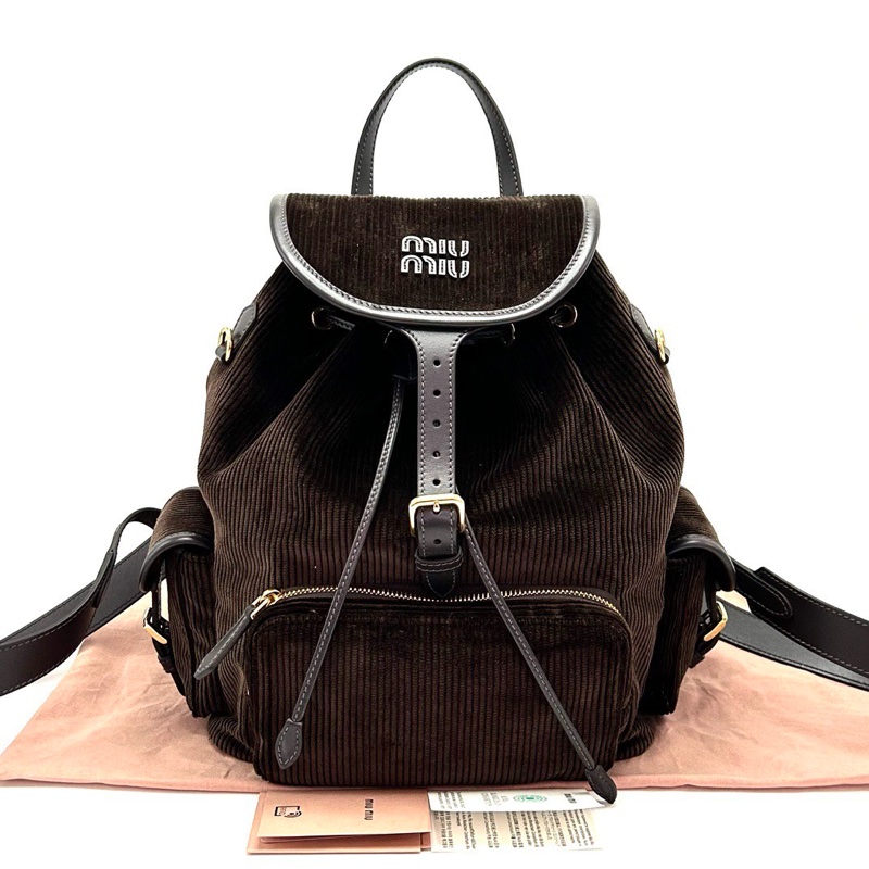 MIUMIU 燈芯絨烏木色後背包25*28*13 全新閒置配件塵袋-1