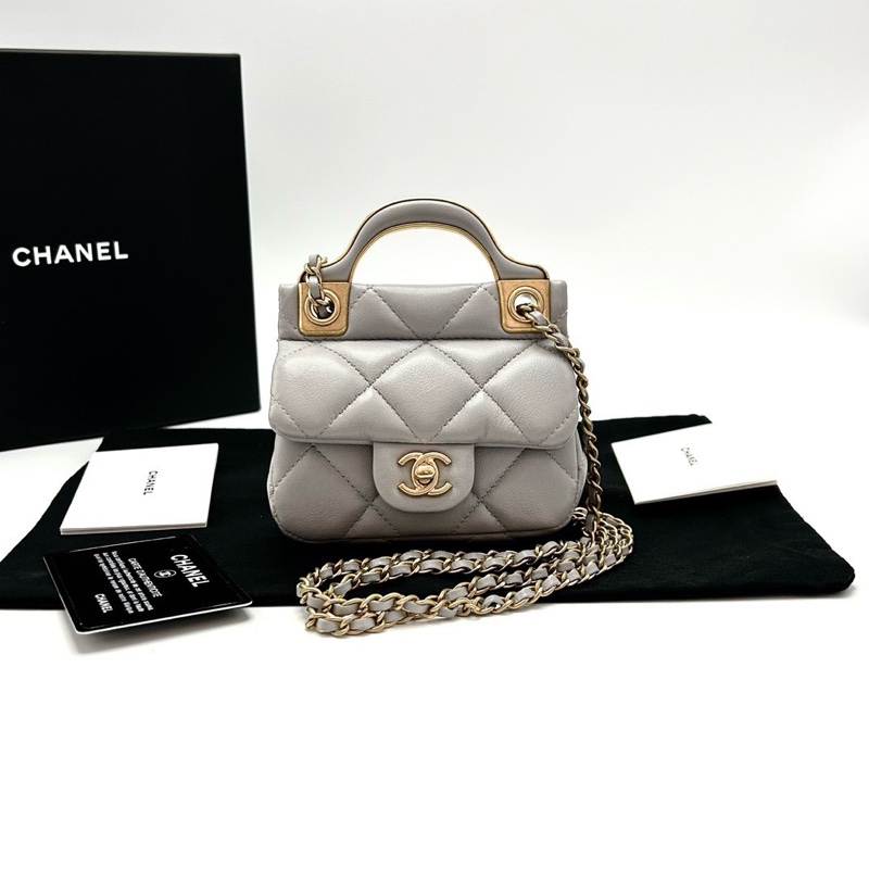 CHANEL mini灰金衣架包11*10*3.5 98新配件盒子塵袋保卡-1