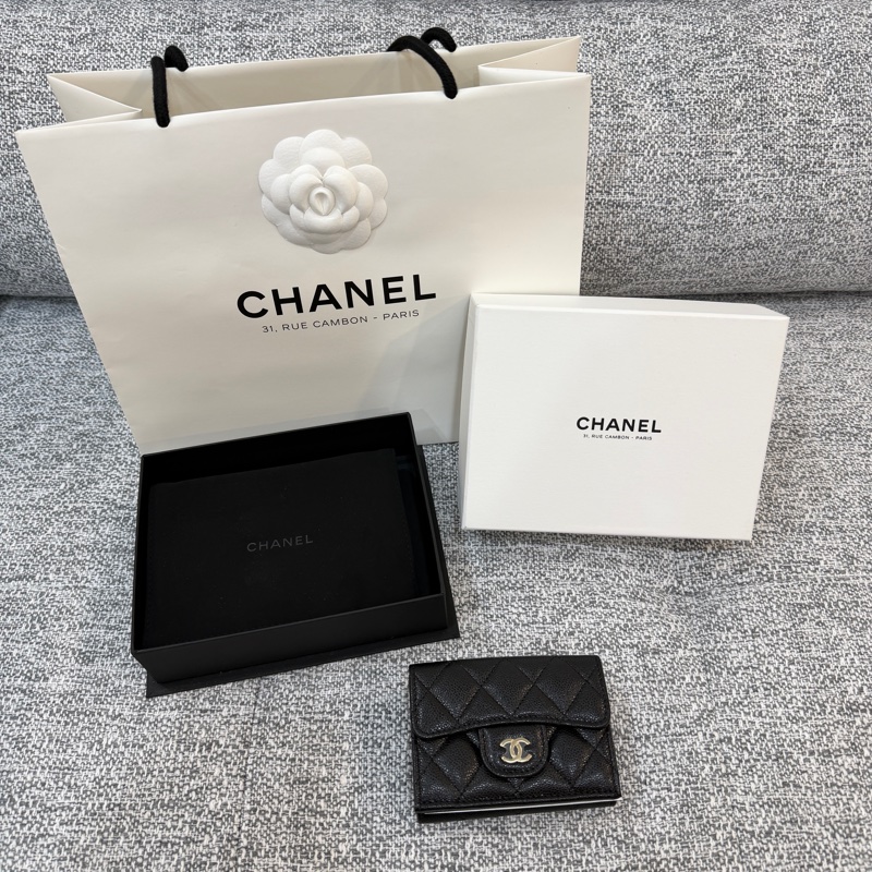 全新品 Chanel 香奈兒 黑金 荔枝紋 經典 迷你 Mini 三折 短夾-1