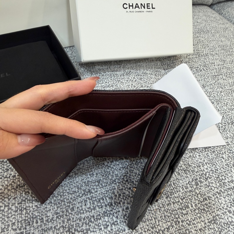 全新品 Chanel 香奈兒 黑金 荔枝紋 經典 迷你 Mini 三折 短夾-4