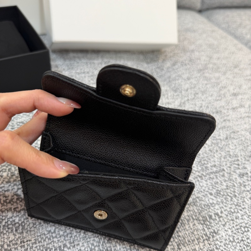 全新品 Chanel 香奈兒 黑金 荔枝紋 經典 迷你 Mini 三折 短夾-6