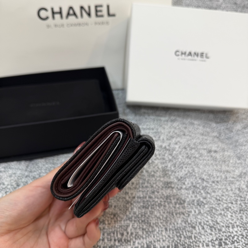 全新品 Chanel 香奈兒 黑金 荔枝紋 經典 迷你 Mini 三折 短夾-8