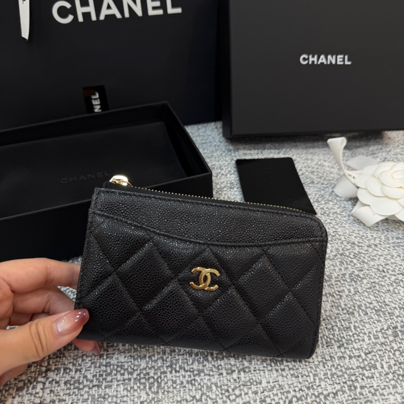 香奈兒 Chanel 黑金 經典 荔枝紋 L型拉鍊 零錢包 卡包-0
