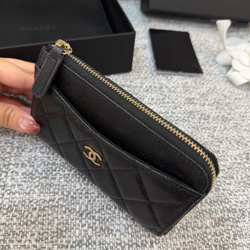 香奈兒 Chanel 黑金 經典 荔枝紋 L型拉鍊 零錢包 卡包-2