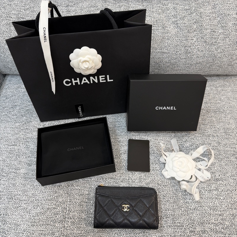 香奈兒 Chanel 黑金 經典 荔枝紋 L型拉鍊 零錢包 卡包-9