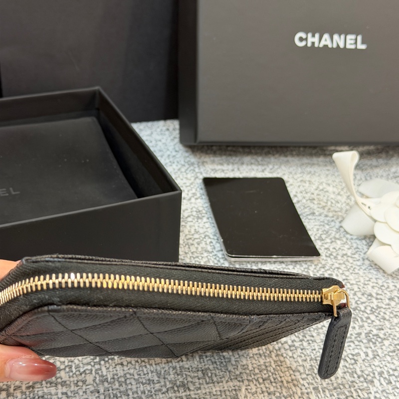 香奈兒 Chanel 黑金 經典 荔枝紋 L型拉鍊 零錢包 卡包-10