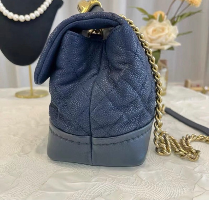 Chanel 海軍藍金色手柄荔枝紋手提斜背包 27*15*11 98新配件塵袋-2