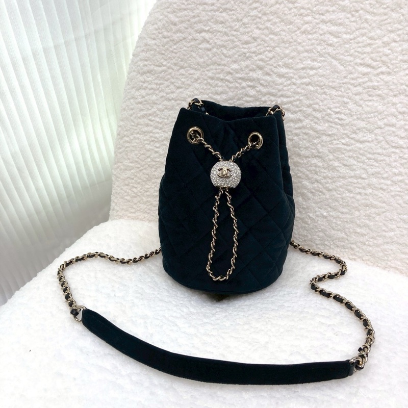 香奈兒絕版Chanel黑色絲絨水鑽金球束口MINI水桶包AS1894-4