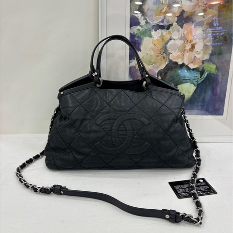 CHANEL香奈兒 黑銀絎縫 2ways 斜背托特包 17開