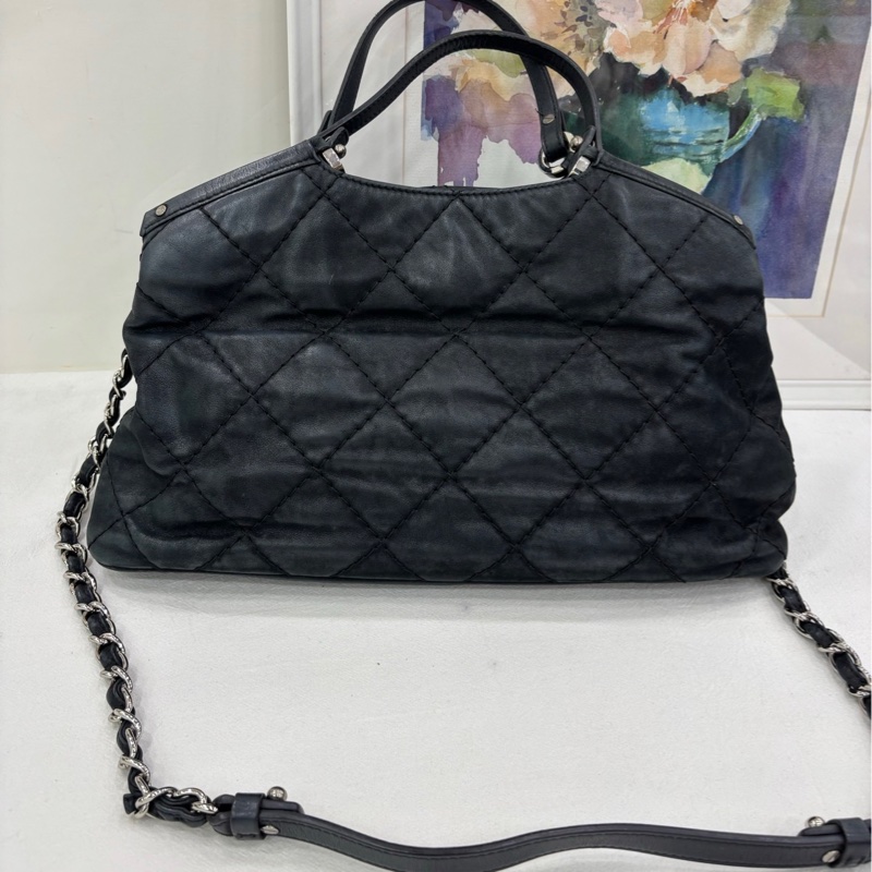 CHANEL香奈兒 黑銀絎縫 2ways 斜背托特包 17開-1
