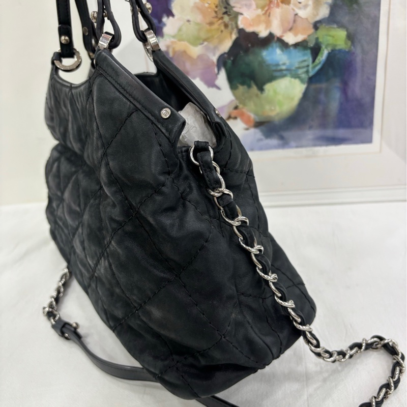CHANEL香奈兒 黑銀絎縫 2ways 斜背托特包 17開-2