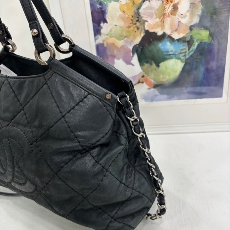 CHANEL香奈兒 黑銀絎縫 2ways 斜背托特包 17開-3